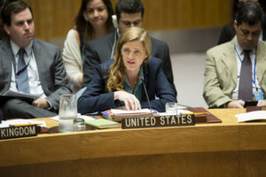 Samantha Power, Permanent Representative of the United States to the UN, addresses the Security Council meeting on Syria, Sept. 25, 2016. Power has been an advocate for escalating U.S. military involvement in Syria. (UN Photo)