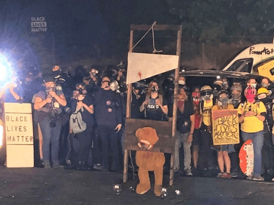 BLOOD in the streets: Left-wing Portland rioters display
bloody guillotine as they burn American flags; new Democrat logo
says "Death to America" 1