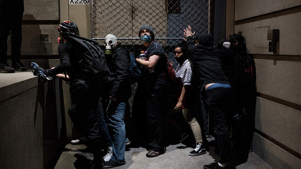 Image: Federal agents stand off with rioters in Portland who lit fires and tried to break into the Federal Courthouse