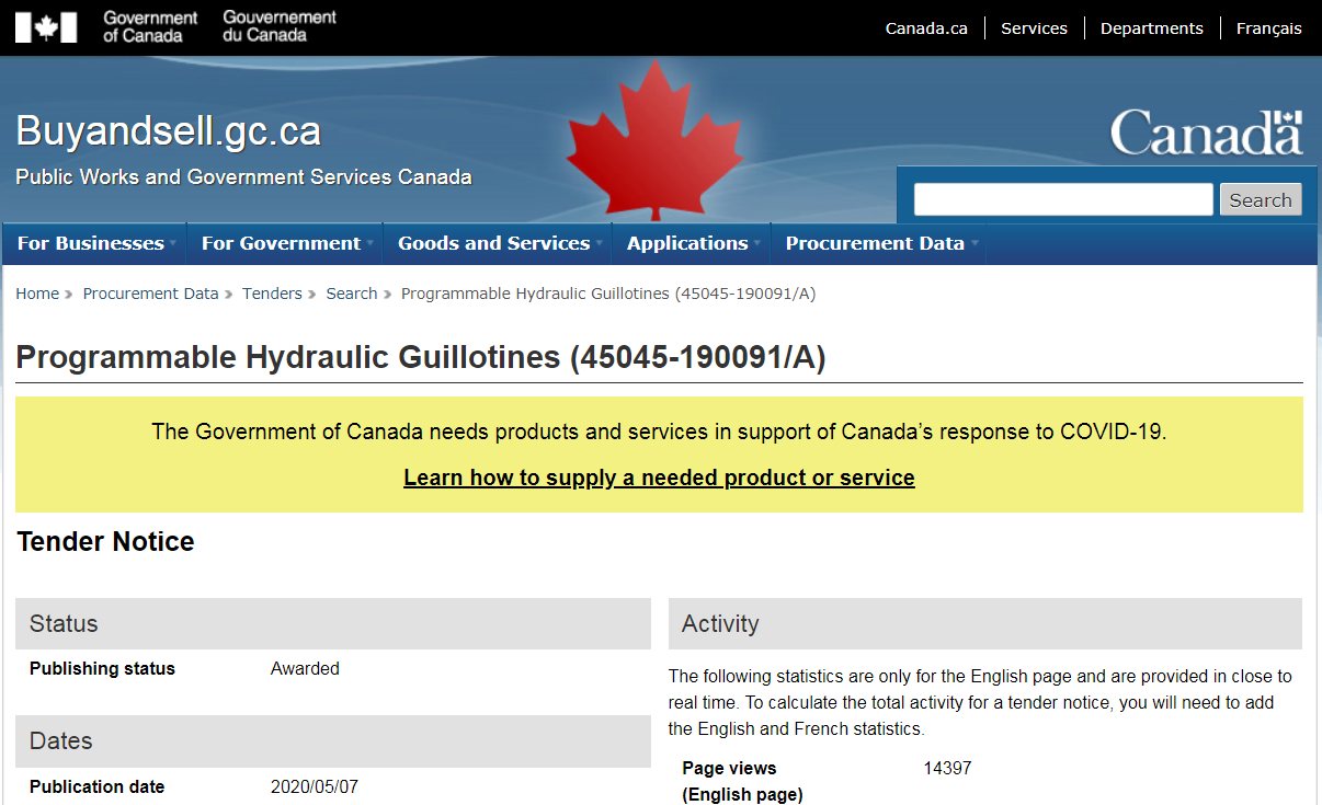 Canadian government publishes bid request for “Programmable Hydraulic Guillotines” needed “in support of Canada’s response to COVID-19” Guillotine-canada-bid-large