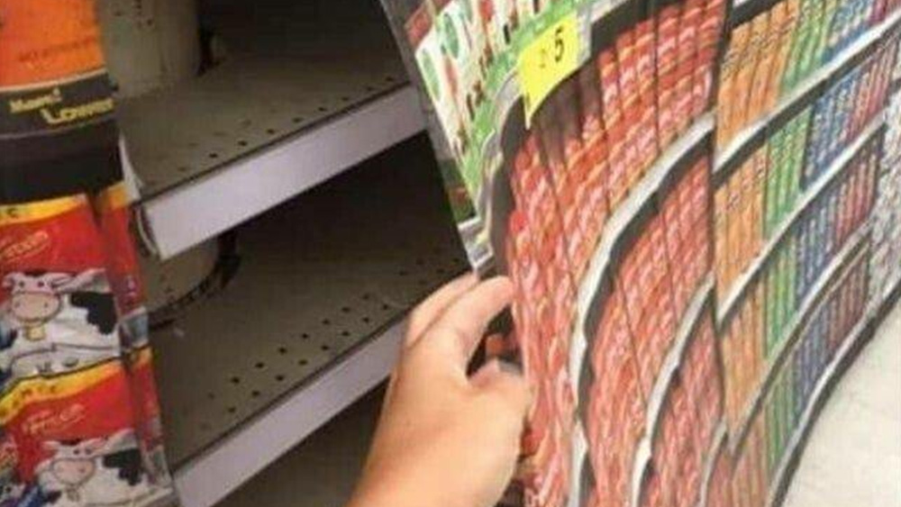 Image: America becomes North Korea: Re-education camps announced by the CDC, grocery stores display cardboard food printouts to hide bare shelves while Biden babbles