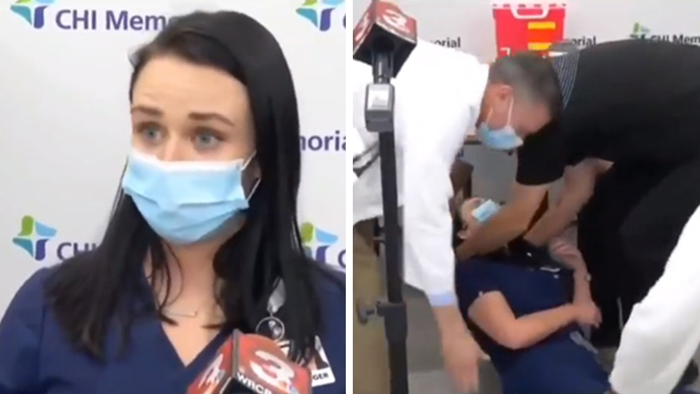 Image: Minutes after receiving coronavirus vaccine, vax-brainwashed nurse loses consciousness and collapses on LIVE TV